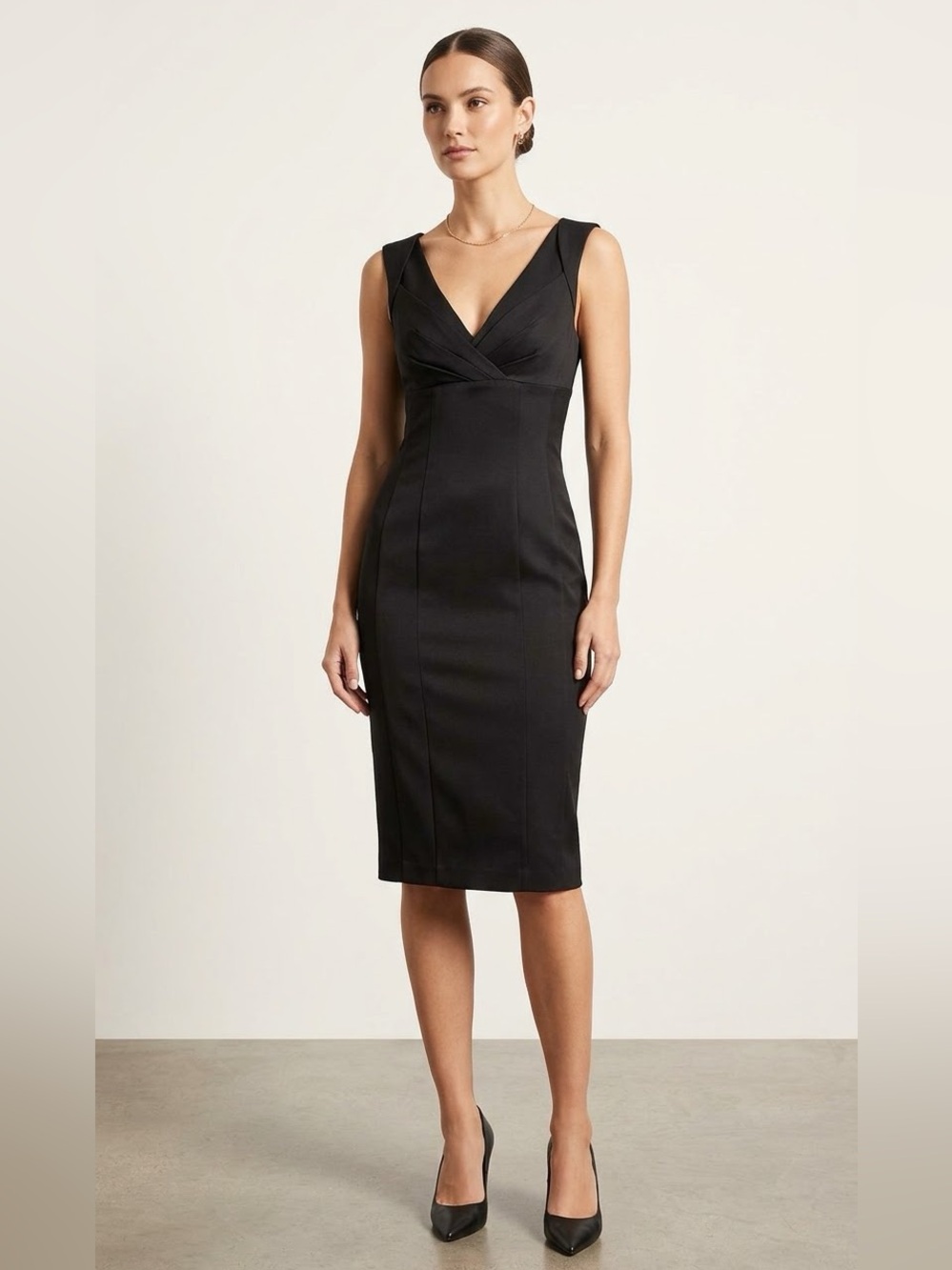 Bebe Black V-Neck Pleated Bust Bodycon Midi Dress - Size S